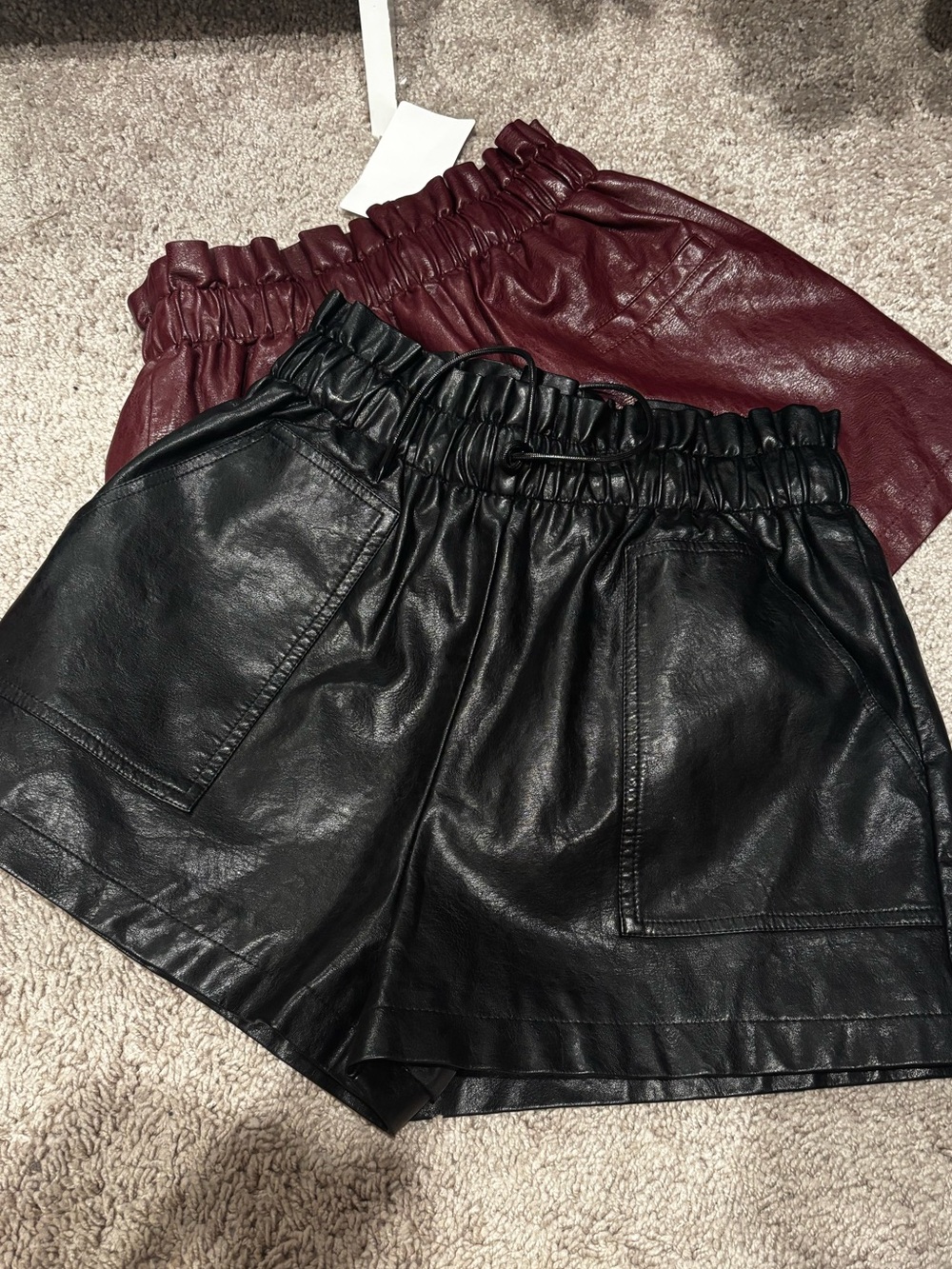 Faux Leather Elastic Waist Shorts - Black & Burgundy